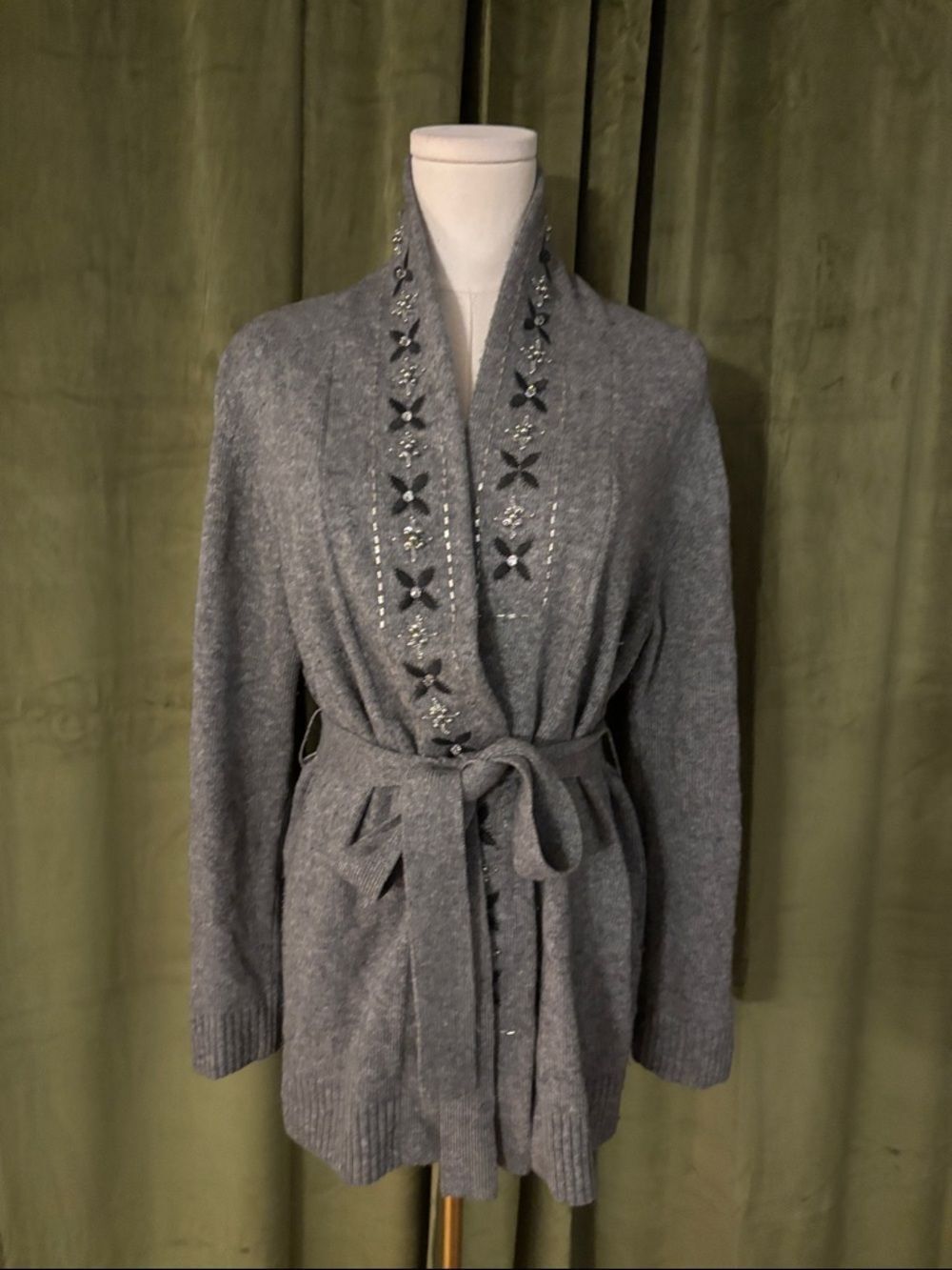 Basler Gray Embellished Belted Knit Cardigan, S